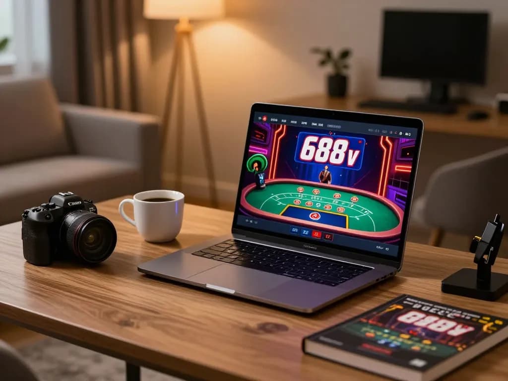 Engaging with 688v's live blackjack game on a stylish home setup, highlighting strategic online gaming.