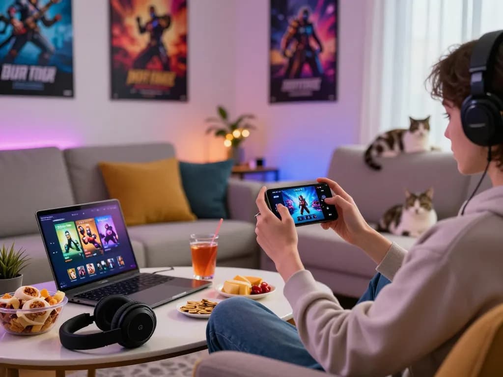 Enthusiast playing mobile porn game in a cozy living room setting, indulging in a relaxing gaming experience.