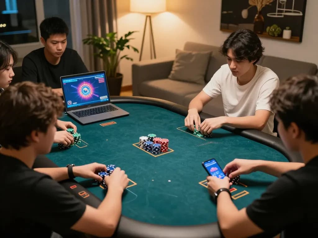 Cwin poker game in action, players engaged with chips and laptops, dynamic online gaming atmosphere