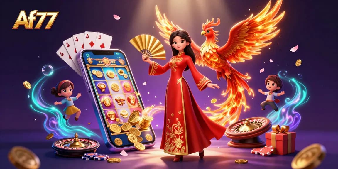 Experience thrilling gaming action at Af77 with vibrant slots and iconic casino elements.