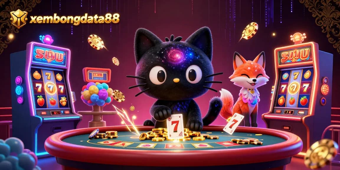 xembongdata88 wins with a cosmic black hole cat and fruity slot machines in a colorful casino.