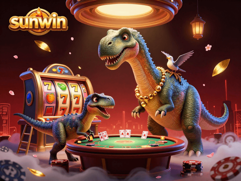 Engage with sunwin's thrilling casino scene featuring a giant brontosaurus and vibrant slots.