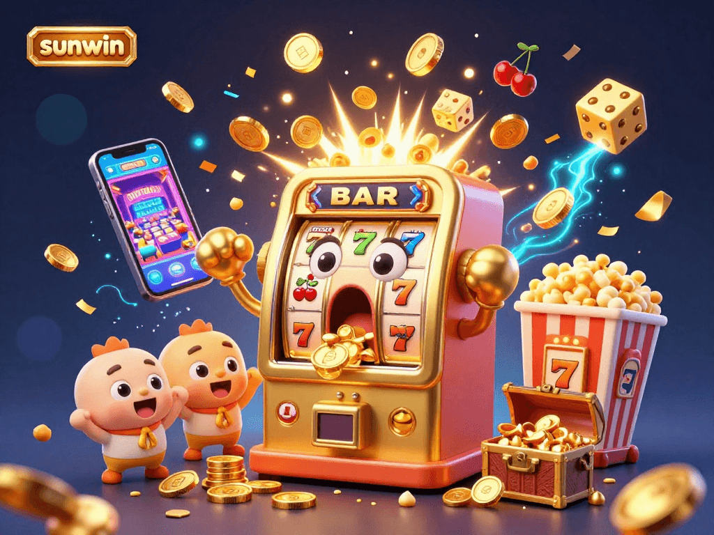 Experience the excitement of sunwin with a cartoon slot machine hitting a jackpot, surrounded by vibrant gambling elements.