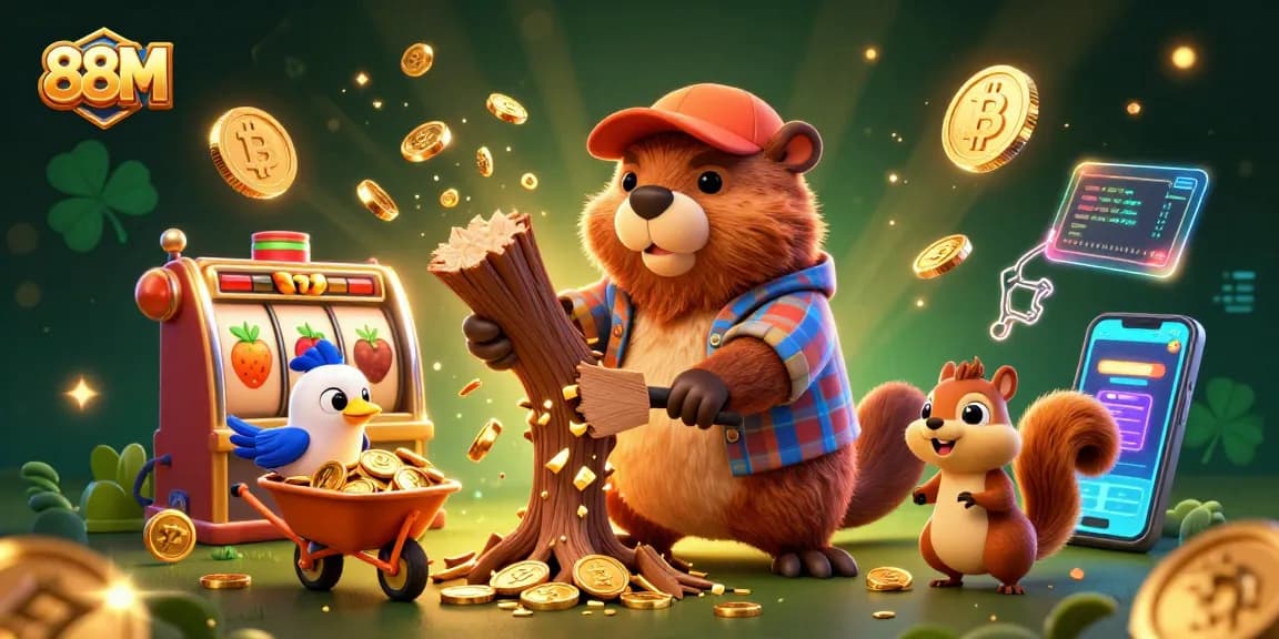 88M showcases a vibrant scene with characters enjoying slots, surrounded by gold coins and crypto elements, depicting a playful gaming atmosphere.