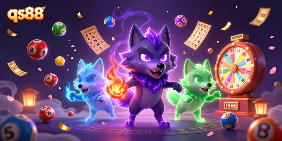 Experience the excitement of qs88 with dynamic lottery elements and ghostly wolf spirits in 3D illustration.