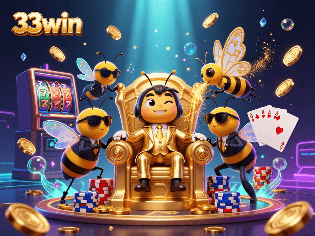 Experience thrilling action and slots excitement with 33win's vibrant casino illustration featuring dynamic characters.