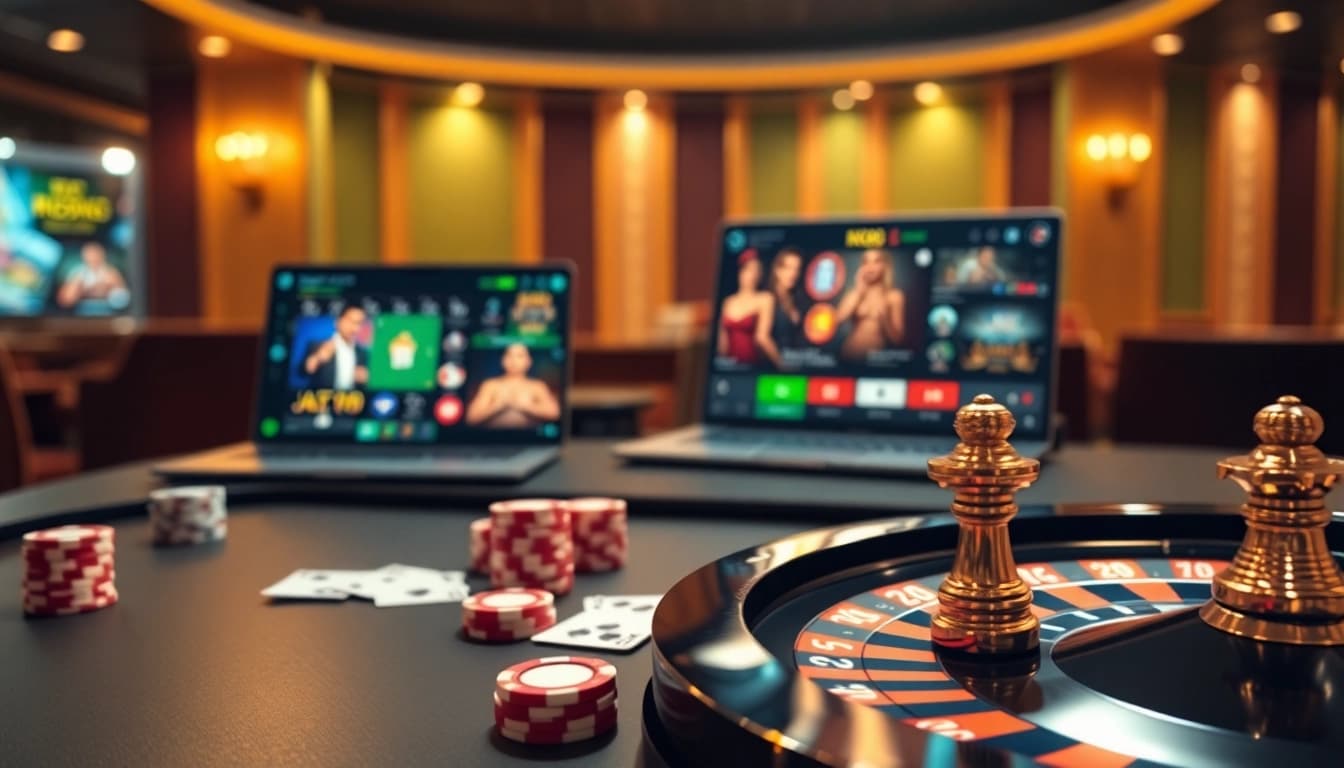 Navigating NK88's online gambling experience with luxurious casino elements like poker chips and a roulette wheel.