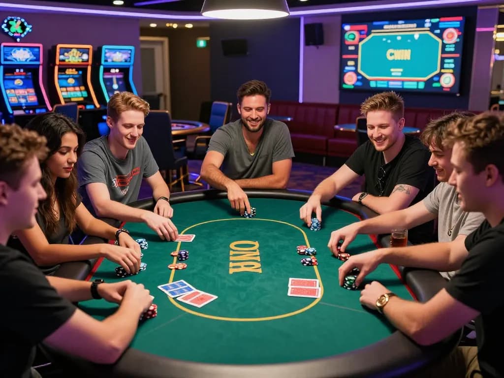 Friends enjoying a lively poker game at CWIN casino, showcasing excitement and camaraderie.