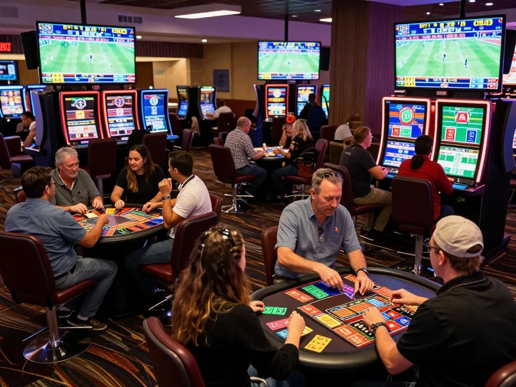 Excited patrons engaging in sports betting at a modern casino, showcasing oxbet betting experiences.