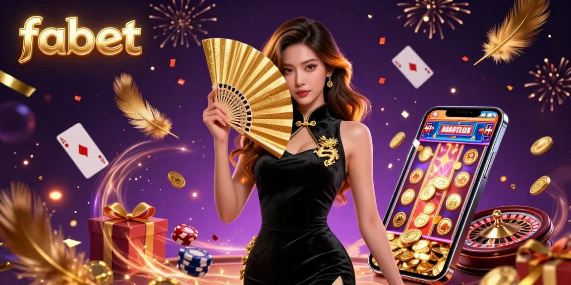 Experience the thrilling world of fabet with a captivating casino scene featuring a stunning Asian woman and vibrant game elements.