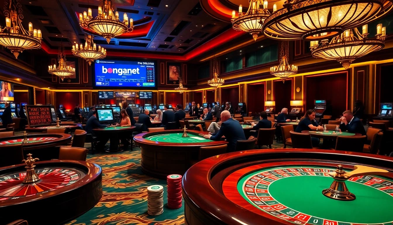 Bongdanet gamblers engaging in a high-stakes poker game surrounded by luxury casino decor.