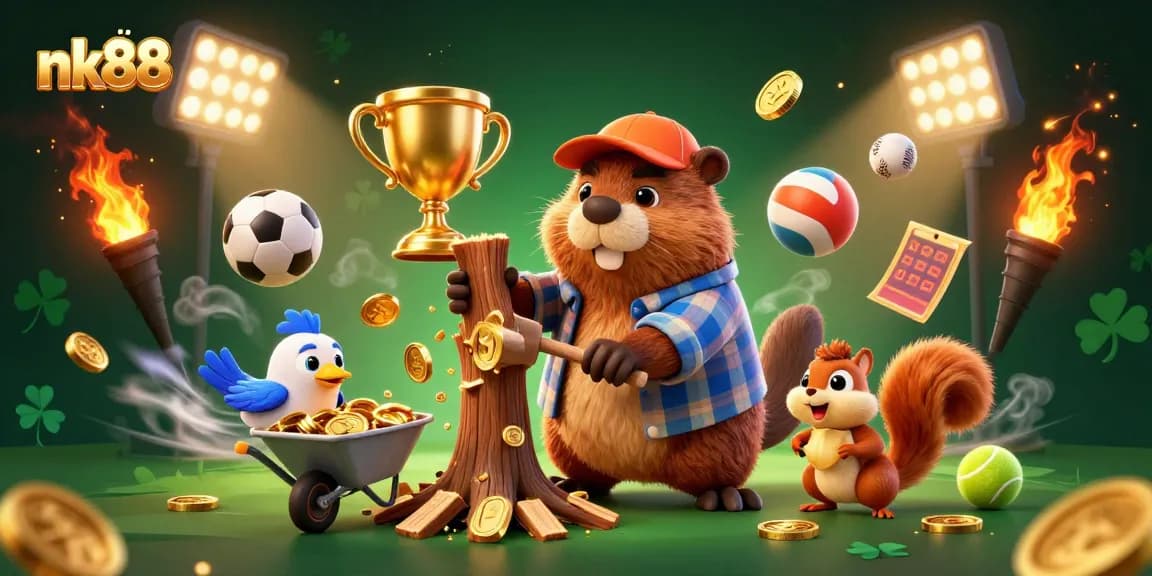 Enjoy nk88's thrilling slots with a beaver raining gold coins while sports elements soar.