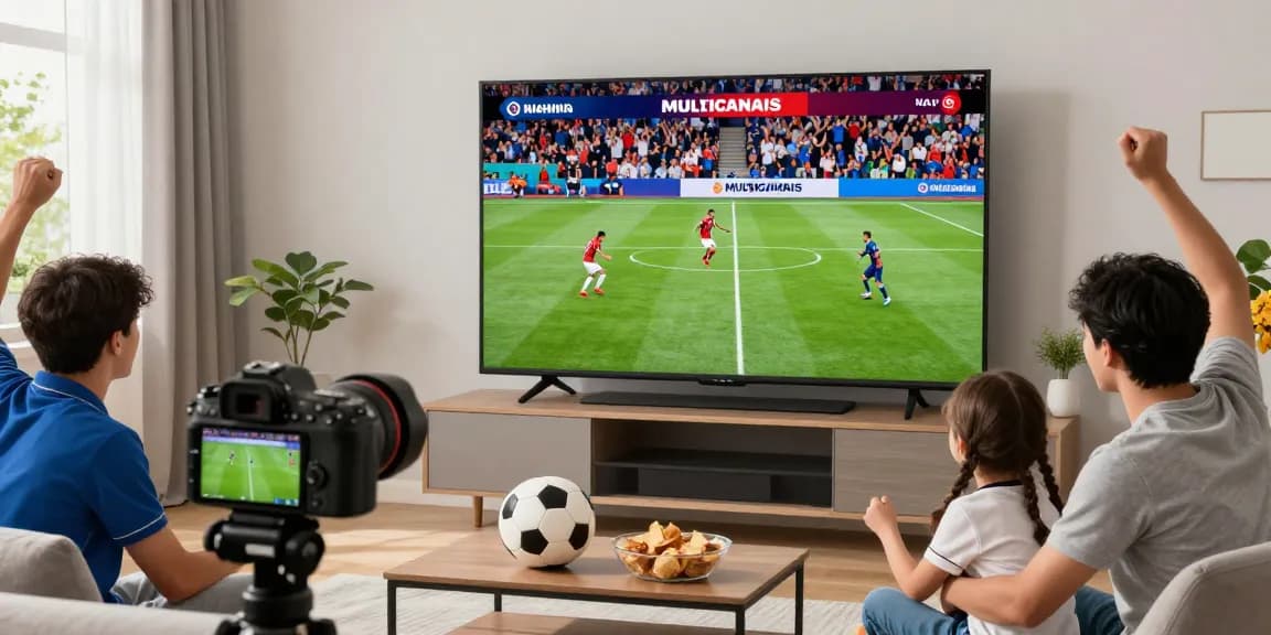 Multicanais live streaming soccer match, capturing family enjoyment and sports excitement.