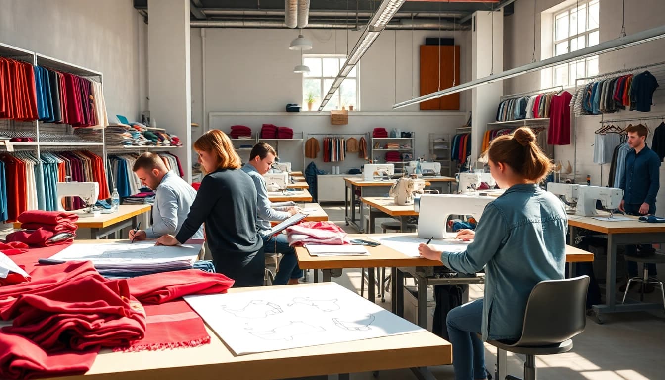Private label clothing manufacturers collaborating in a vibrant workspace with designers and fabrics.