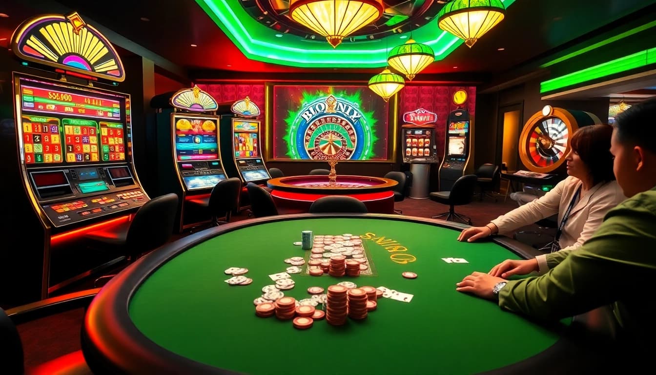 Captivating online casino scene showcasing players engaged at alo789 poker table with vibrant slot machines.