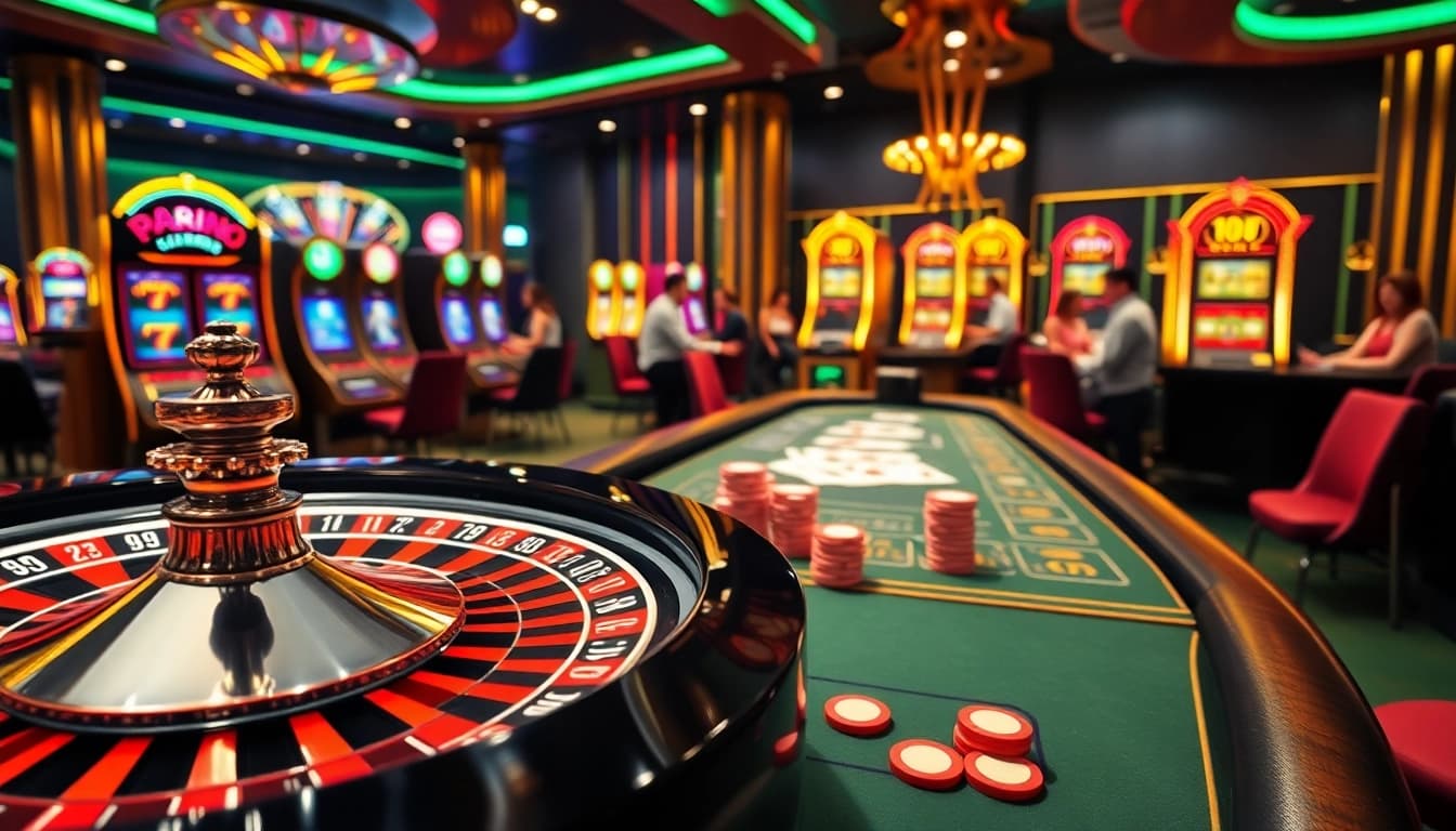 Experience the thrill of 789f as players engage with roulette wheels and poker tables in a vibrant casino setting.
