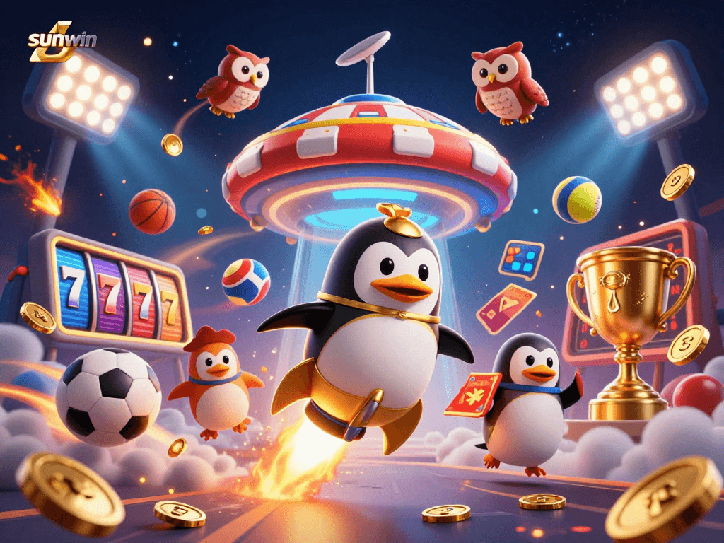 Experience the thrilling adventure of the sunwin golden penguin as it launches towards a vibrant casino.
