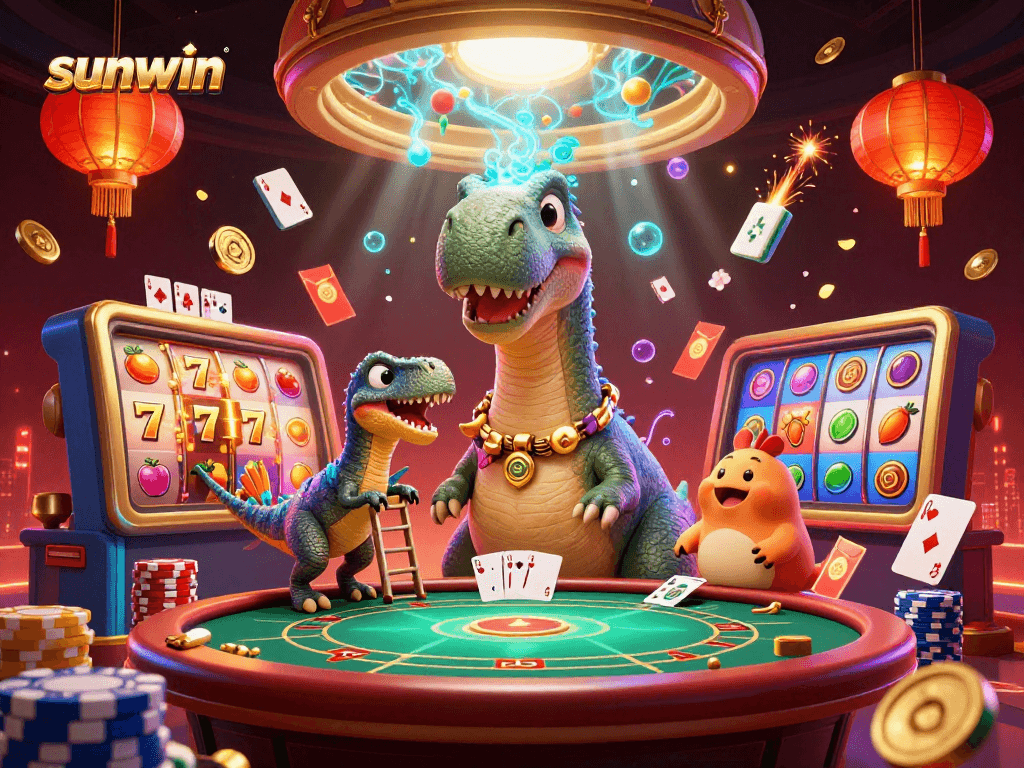 Engage with the thrilling poker scene featuring the sunwin brand, where playful dinosaurs join the excitement.