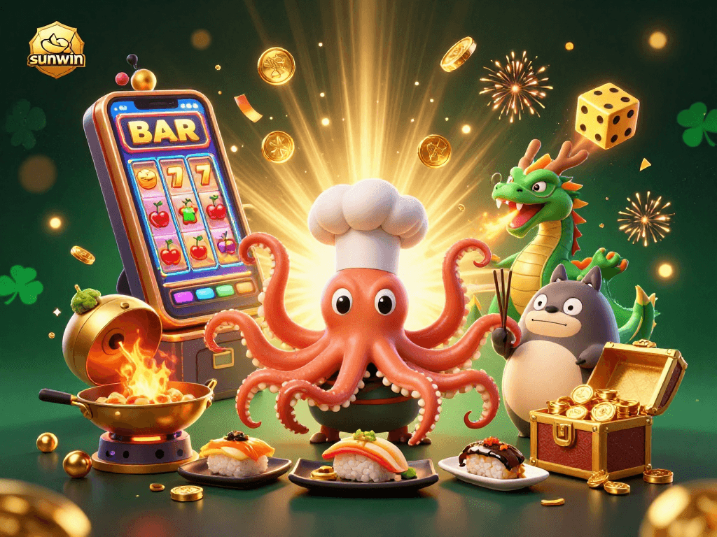Win big with sunwin in this vibrant casino-themed 3D illustration featuring exciting characters and action.