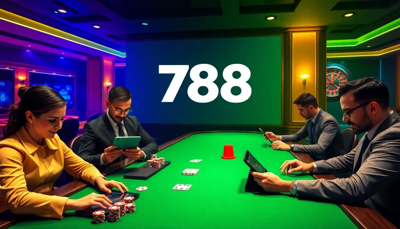 Experienced players enjoying their time on the 788t online casino platform, surrounded by vibrant casino elements.