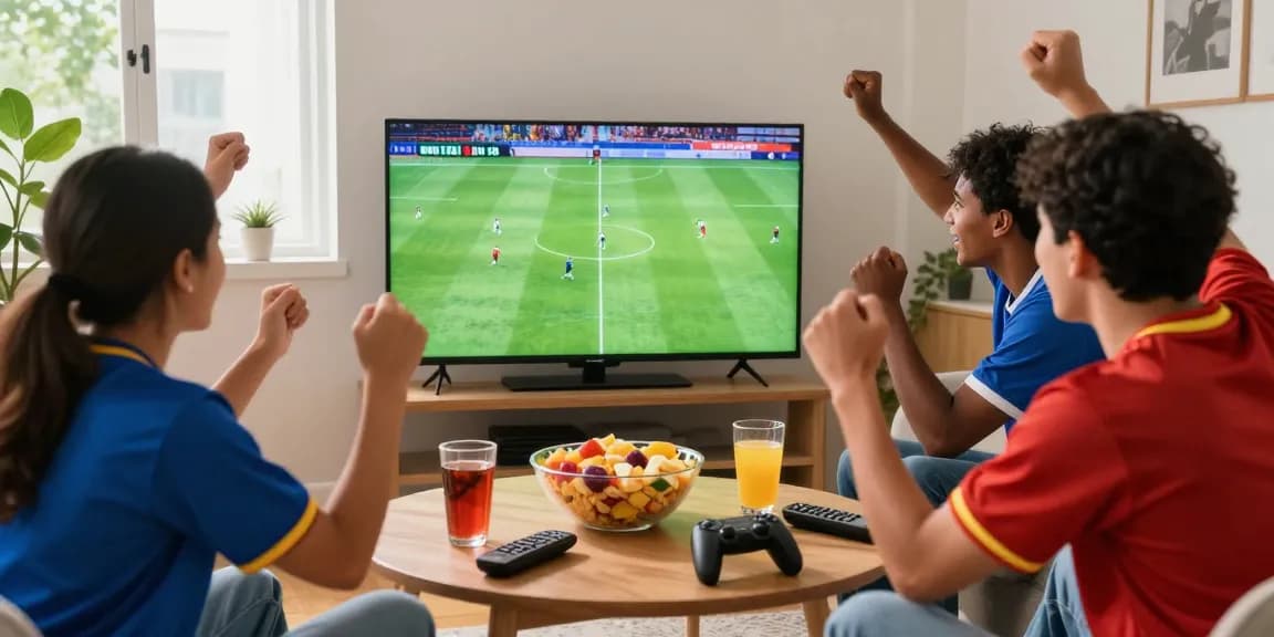Friends enjoying nonton bola live in HD while watching a football match in a cozy living room.