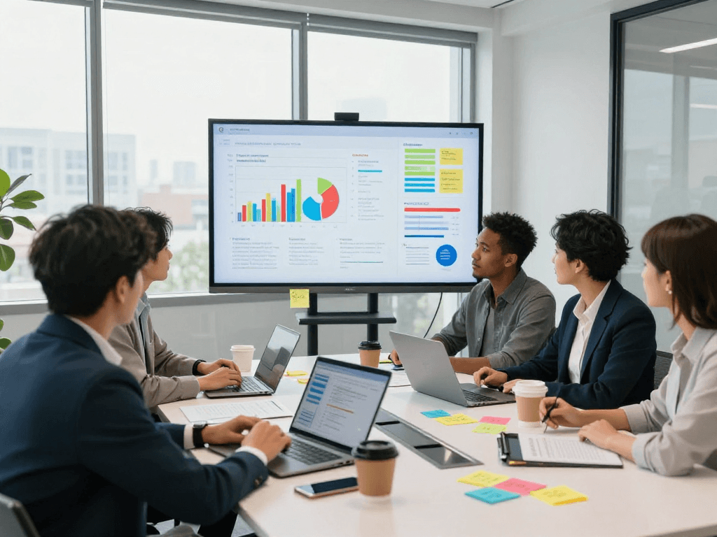 A equipe está analisando estratégias multicanais em um ambiente de escritório moderno e colaborativo.