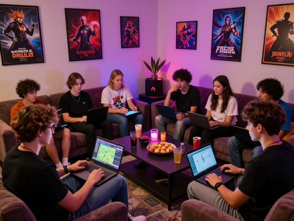 Group of friends enjoying an adult game night in a vibrant gaming lounge.