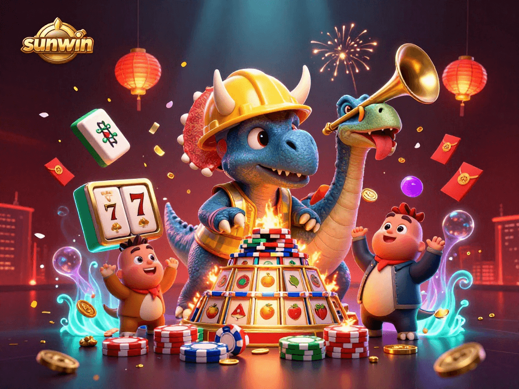 Celebrate winning moments at sunwin with a dynamic 3D illustration of cartoon creatures amidst rich casino themes.