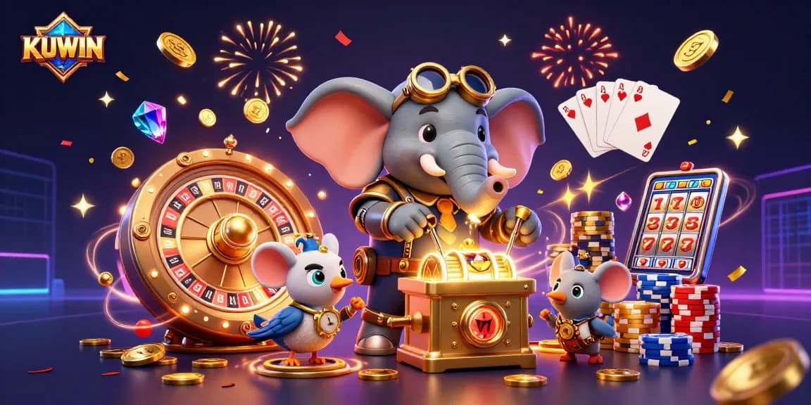 KUWIN casino features a steampunk elephant operating a slot machine amidst golden coins and festive elements.