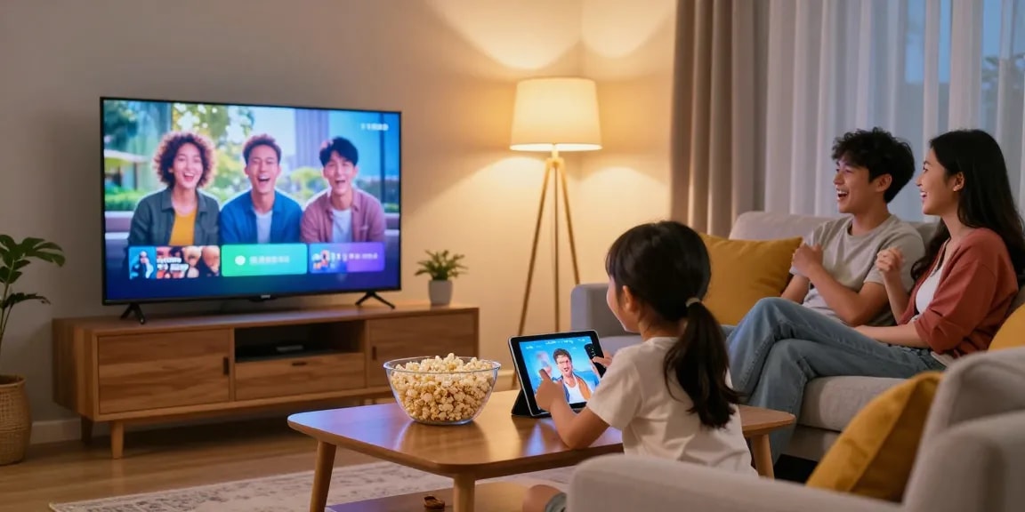 Aproveitando a melhor experiência de IPTV no Brasil com a família em casa, assistindo televisão.
