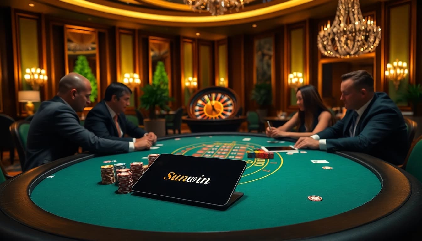 Intense poker game showcasing sunwin's luxurious gambling experience with poker chips and cards.