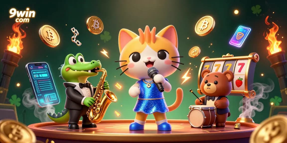 Engage with 9win com's vibrant casino scene featuring a jazz-singer cat, saxophone croc, and drum cub amidst lively crypto elements.