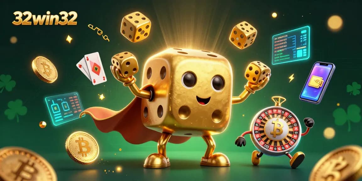 Engage in gaming excitement with 32win32, featuring a dazzling 3D golden dice golem and enchanting crypto elements.