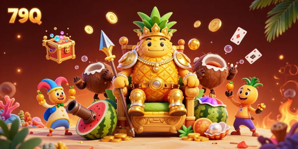 Experience thrilling casino adventures with 79Q’s colorful 3D illustration, featuring an engaging tropical theme.