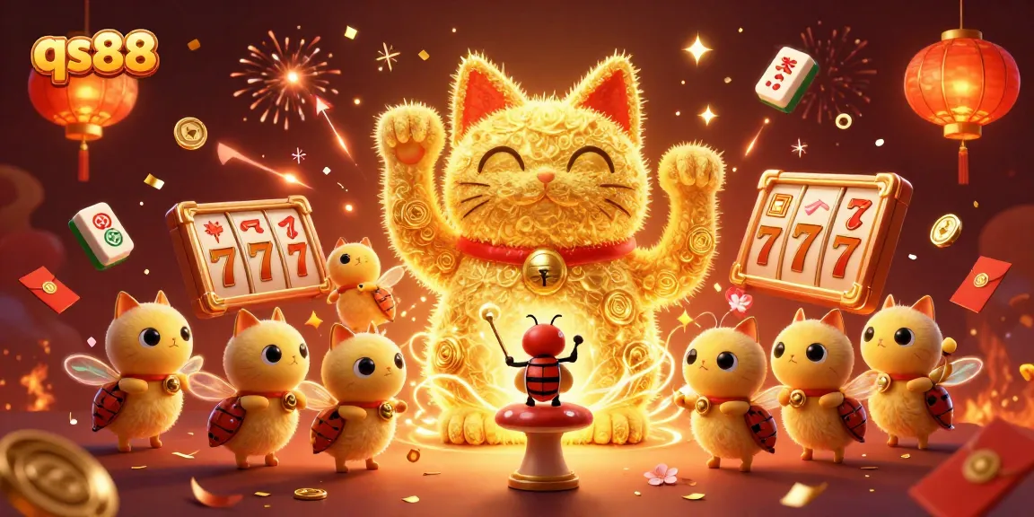 Experience vibrant player excitement with qs88’s lively casino illustration showcasing lucky symbols and festive elements.