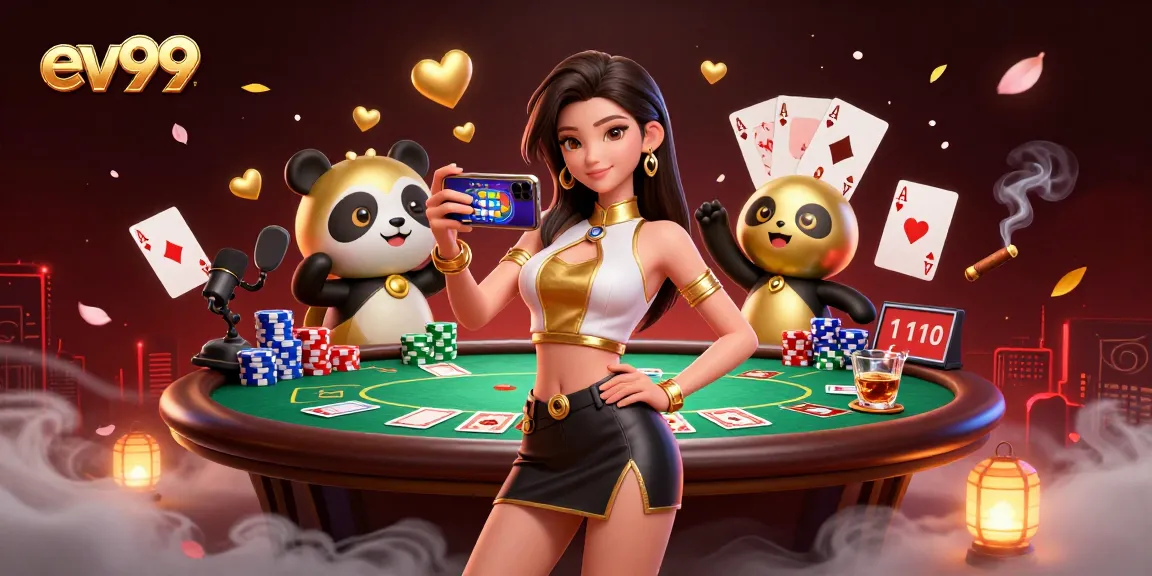Experience the excitement of ev99 with a vibrant scene featuring a stylish woman and a playful panda at the casino.