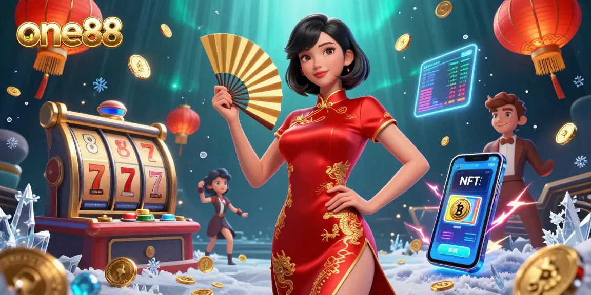 Engage in thrilling gameplay at one88 with vibrant Asian-themed casino elements and cryptocurrencies.