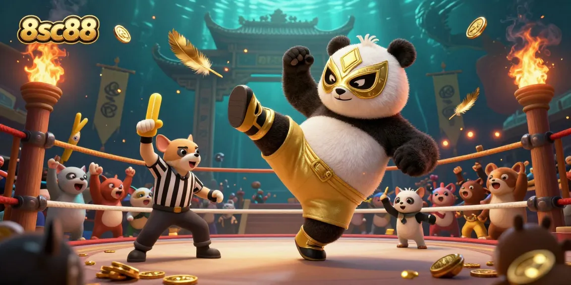 8sc88 showcases an energetic wrestling scene with a panda and chihuahua, surrounded by cheering animals and vibrant betting elements.