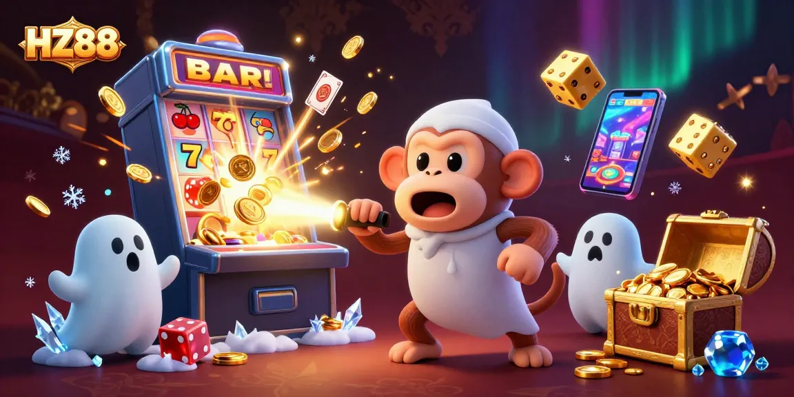 Experience thrilling casino excitement with HZ88 as a playful monkey juggles winnings amidst vibrant lights and action.