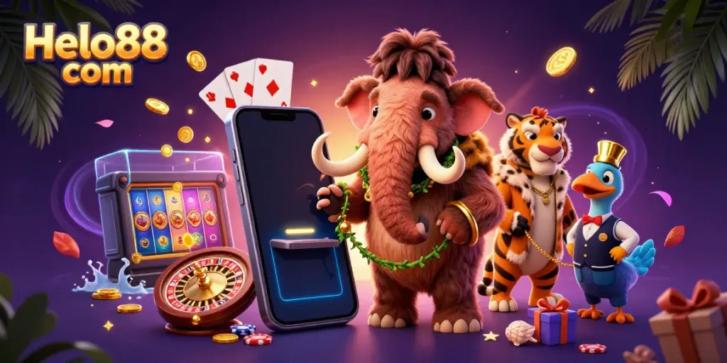 Experience vibrant gaming at Helo88 com with a woolly mammoth bouncer and casino elements.