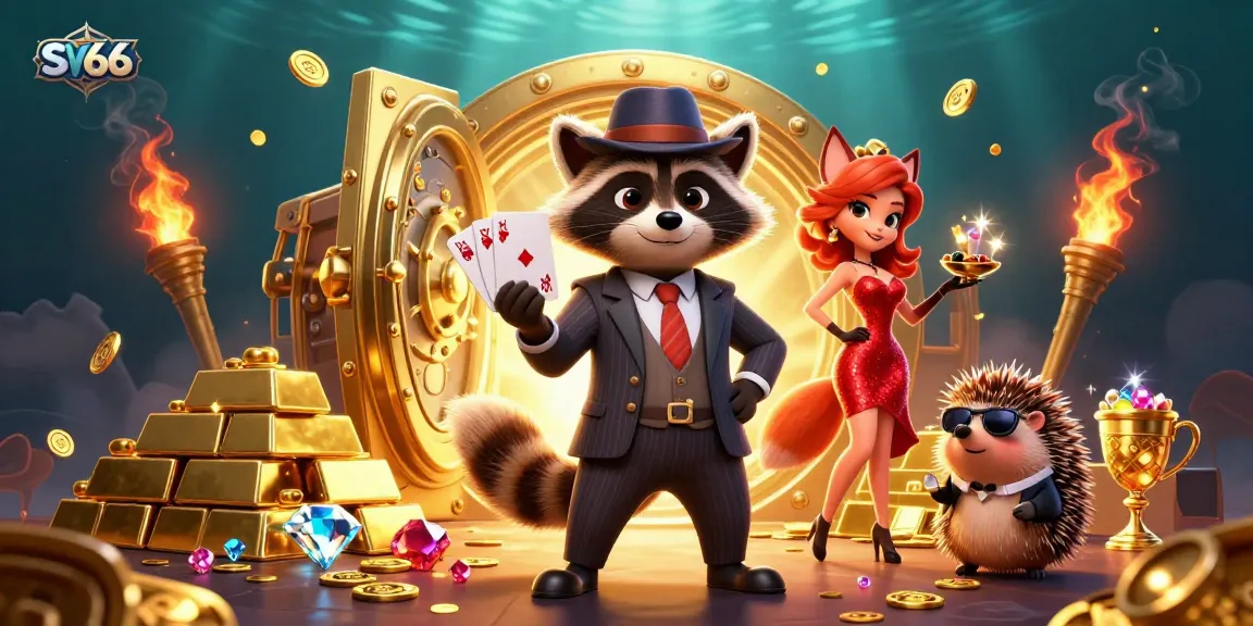 Experience thrilling gameplay at SV66 with a raccoon in a suit holding a winning hand amid a wealth of treasures.