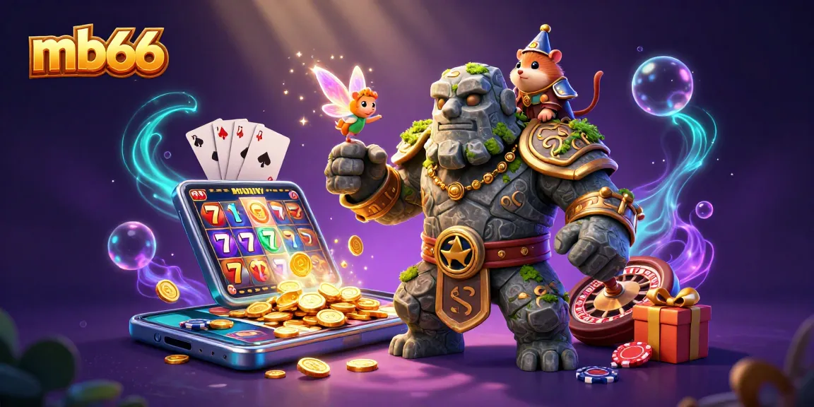 Experience thrilling gaming at mb66 with a vibrant 3D casino scene featuring a magical golem and slots.