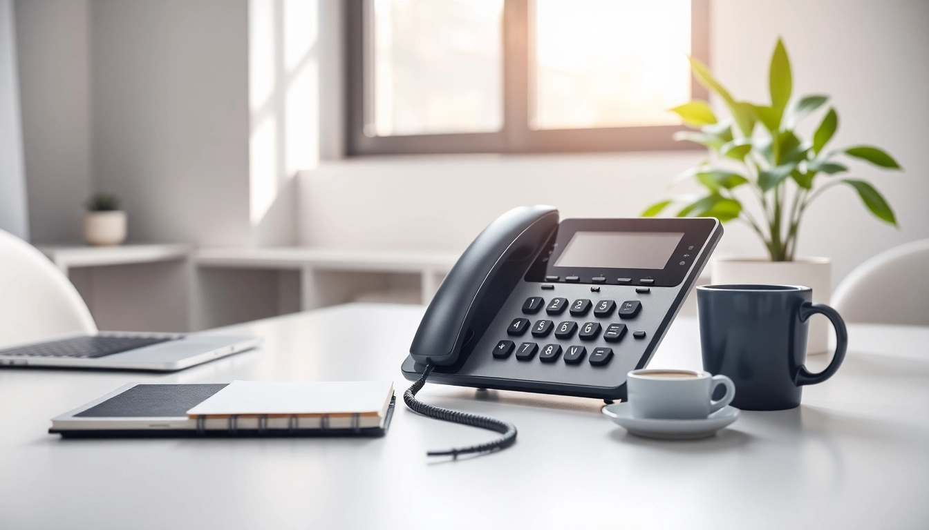 Showcase a stylish business phone on a sleek office desk for professional use.
