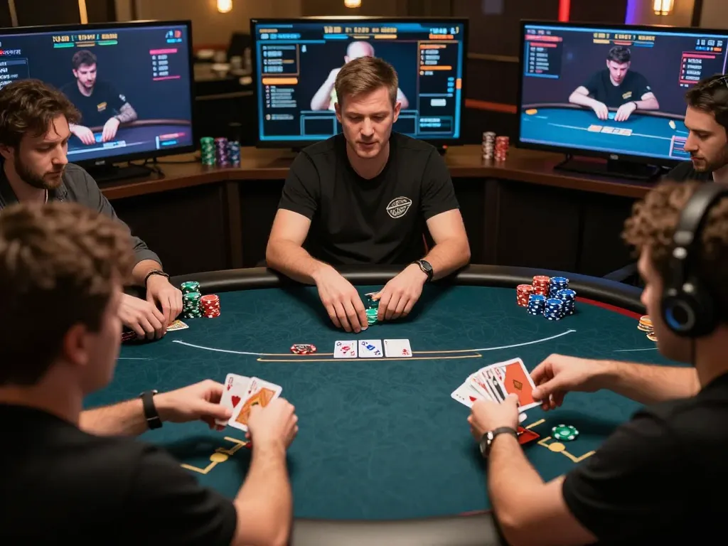 Players strategizing in an intense online poker game at 559X, showcasing vibrant chips and a dynamic interface.