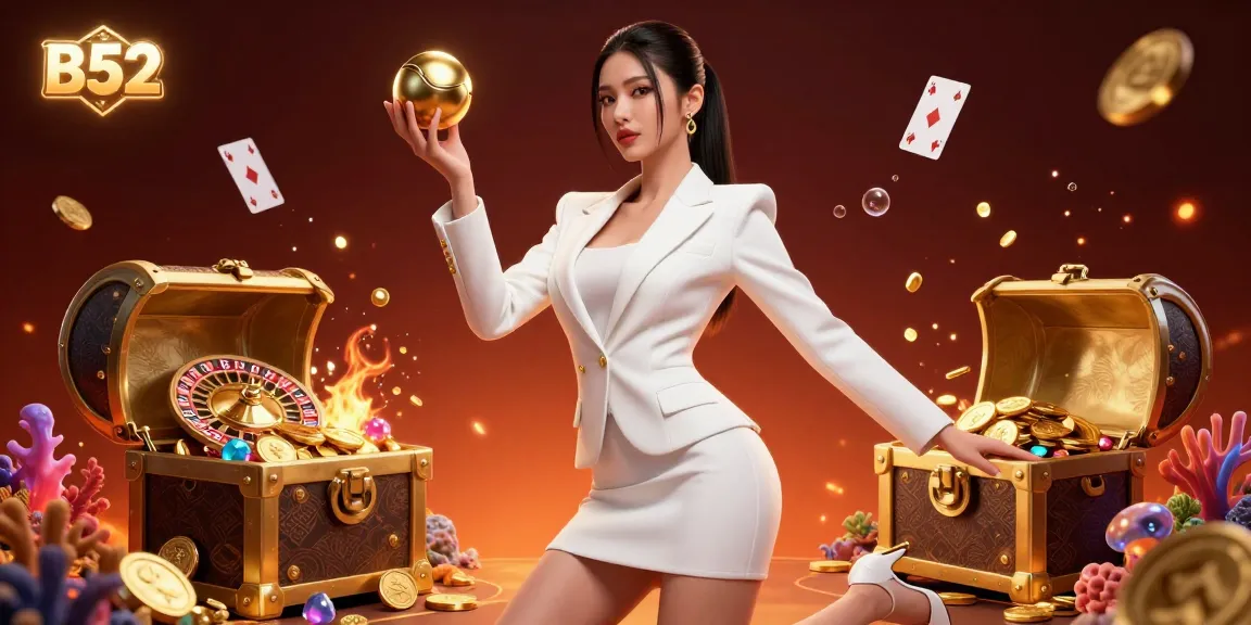 B52 casino experience illustrated with a stunning Asian woman holding a roulette ball among vibrant gaming elements.