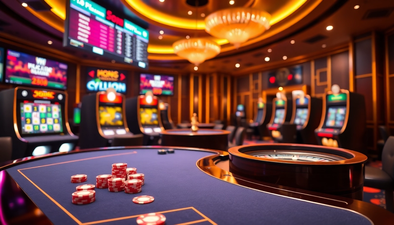 Experience the thrill of betting at Trang chủ win88 with a vibrant casino scene featuring poker chips and slot machines.