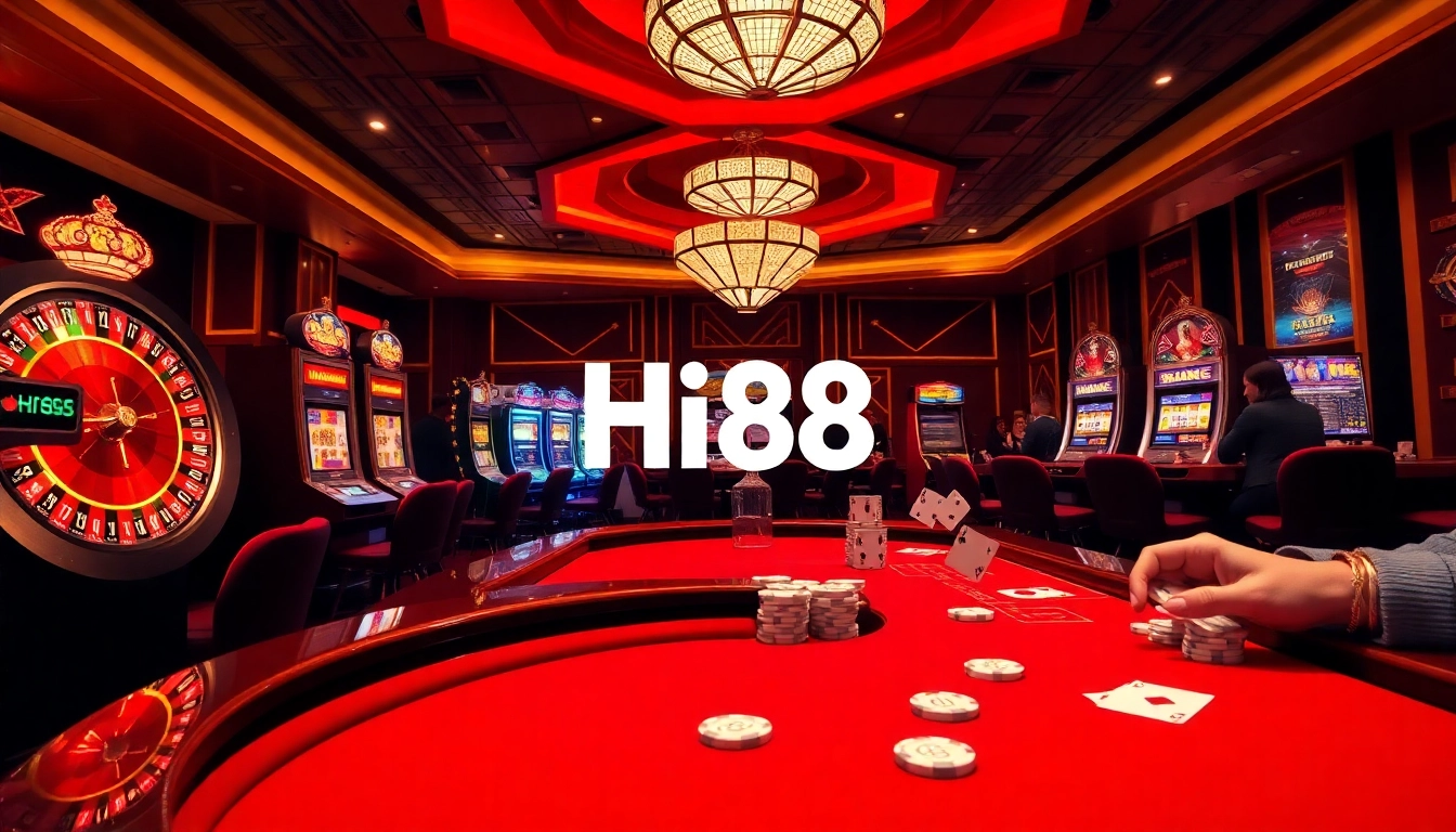Players enjoying the excitement of gambling at Hi88 Casino with vibrant slot machines and roulette.