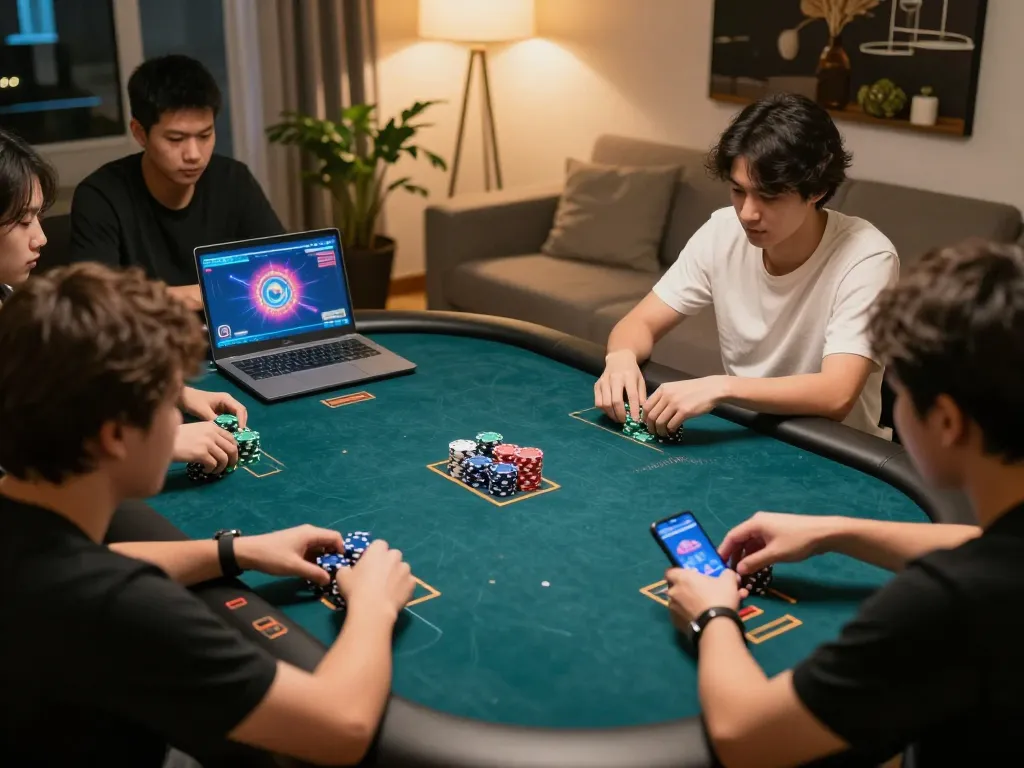 Cwin poker game in action, players engaged with chips and laptops, dynamic online gaming atmosphere