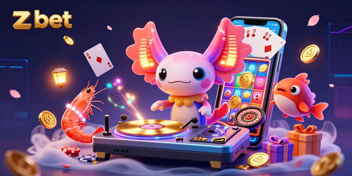 Experience zbet's vibrant 3D axolotl DJ undersea casino scene with energizing fun.