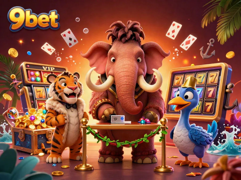 Experience the thrill of 9bet with a lively casino scene featuring a mammoth bouncer and treasure.